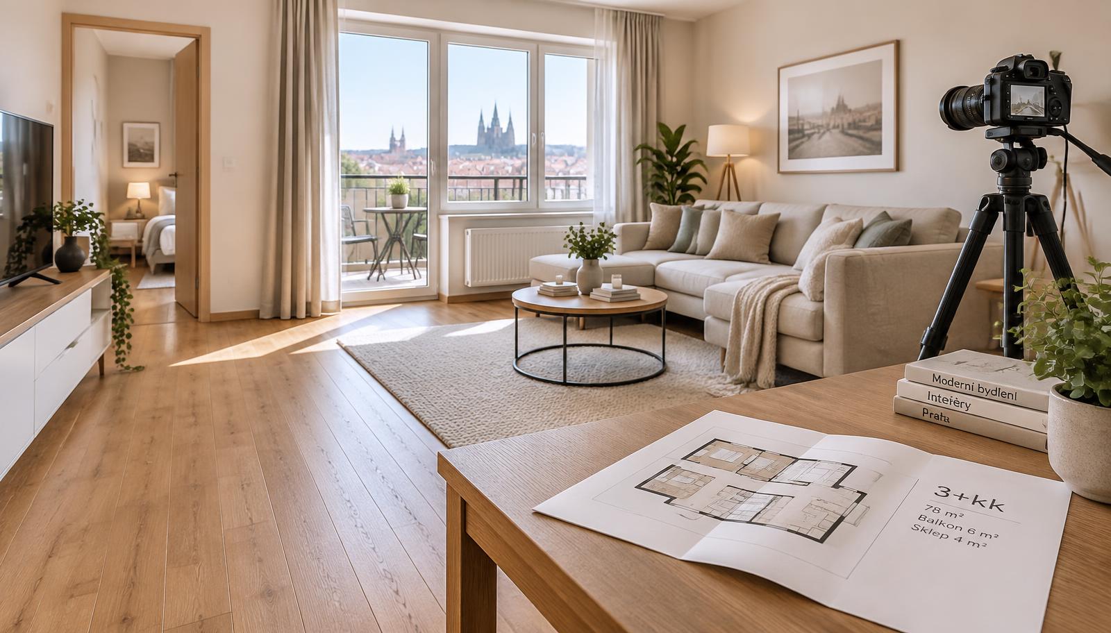 Připravený světlý byt k prodeji s naaranžovaným nábytkem, fotoaparátem na stativu a rozloženým půdorysem na stole