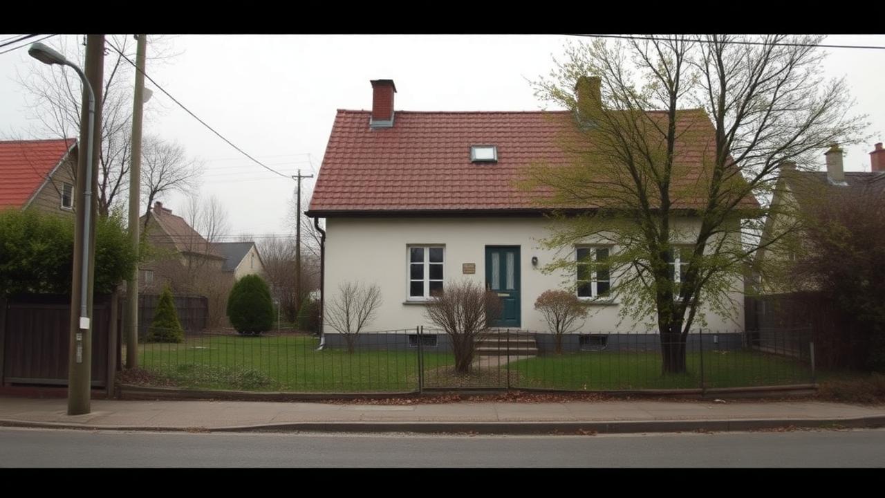 Rodinný domek u silnice v zataženém dni před prodejem