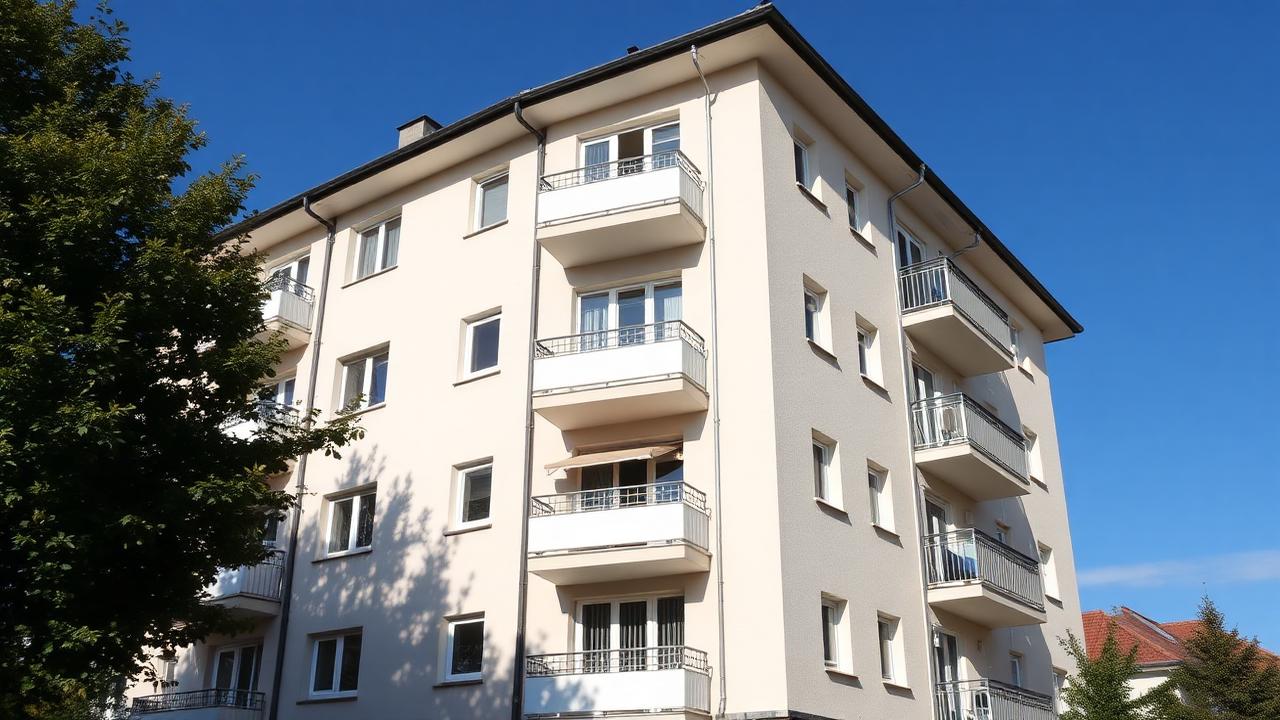 Bytový dům s novou fasádou a balkony za slunečného dne